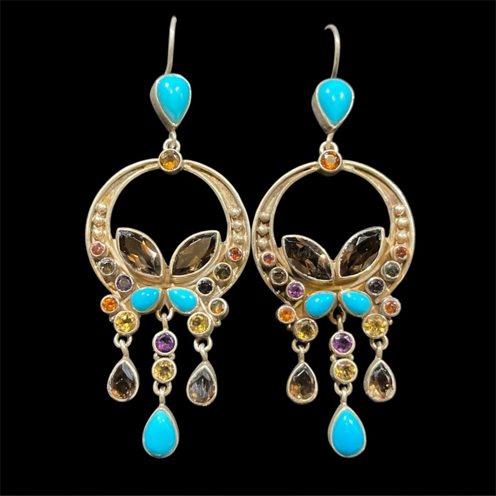 Nicky Butler 925 Silver NB Multi-Color Stones Dangling Statement Earrings 3"